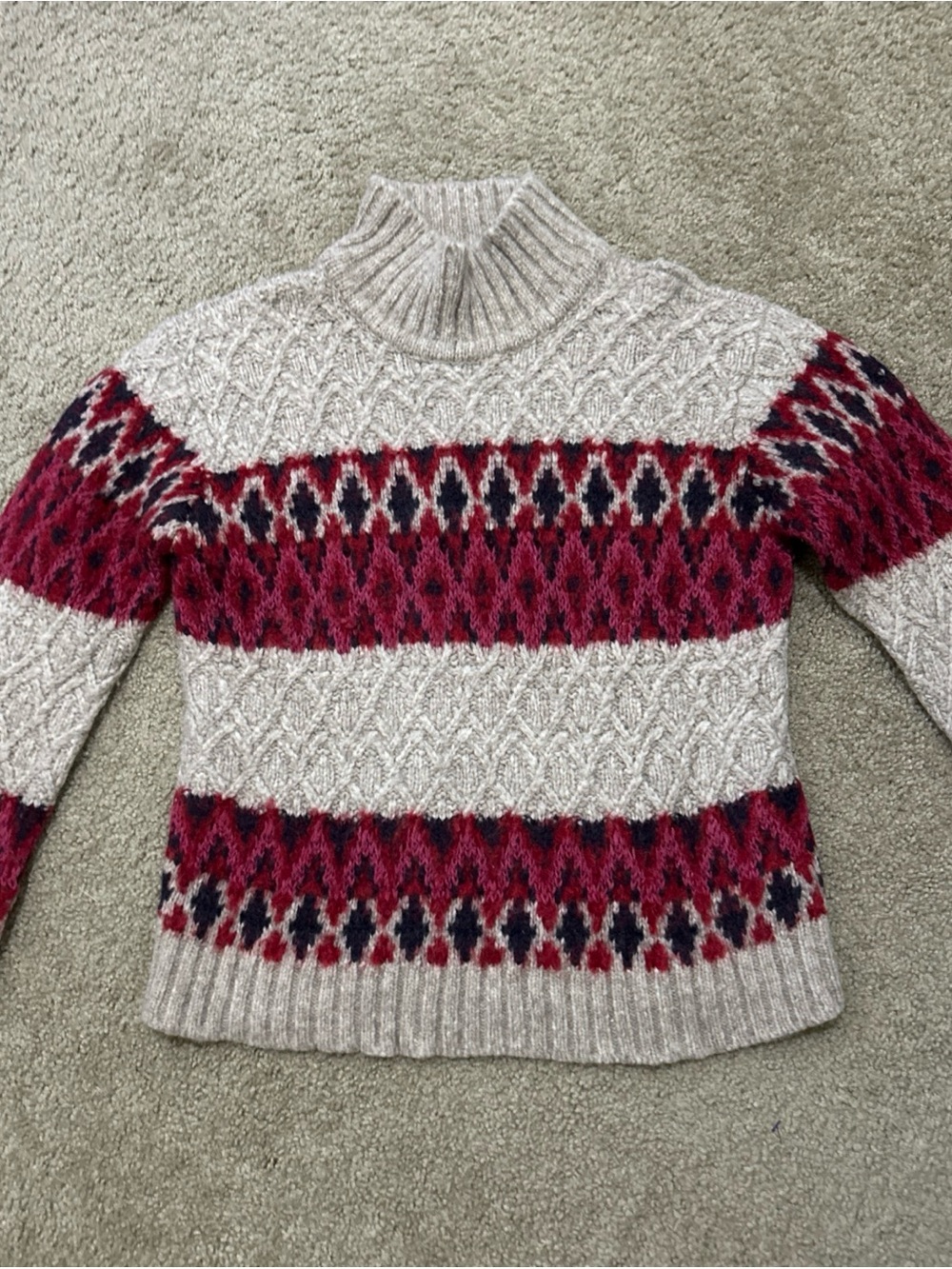 Faherty Alpaca Wool Fair Isle Mock Neck Sweater Womens Large Tan Red Excellent - Picture 4 of 11